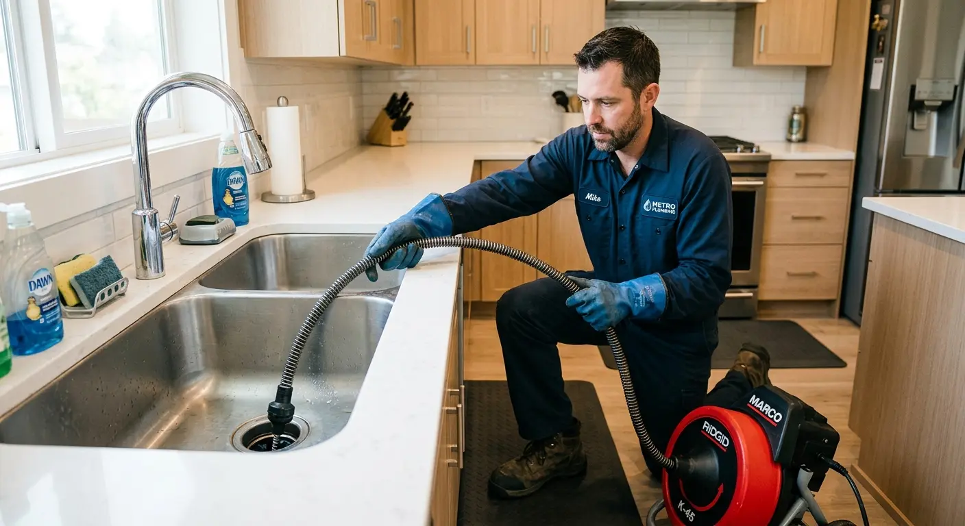 Drain cleaning technician using a motorized snake on a kitchen sink in Pontiac